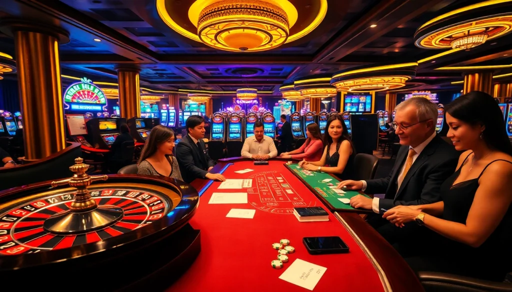 Experience the excitement of gambling at https://123b.ing/ with a vibrant casino scene featuring roulette and poker tables.