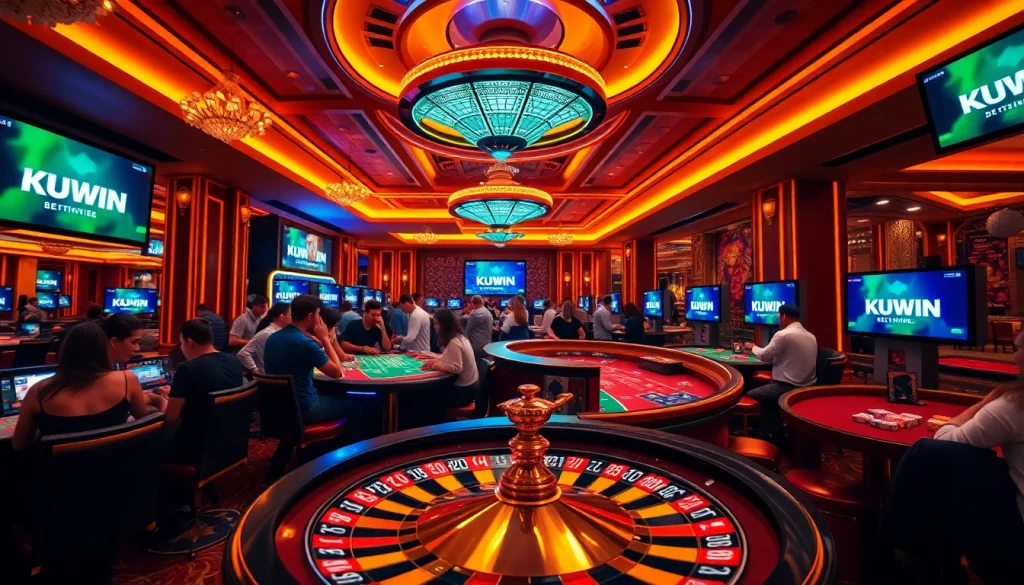 Kuwin Casino scene showcasing roulette, poker chips, and digital betting interfaces in an engaging atmosphere.
