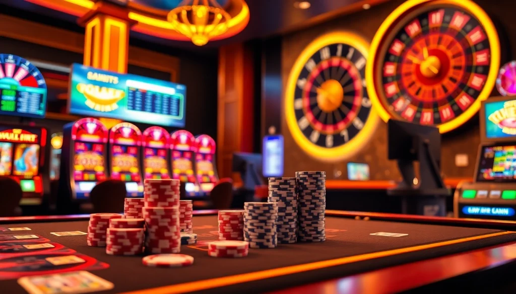 Exciting gameplay at qh88 casino with vibrant slot machines and poker tables.