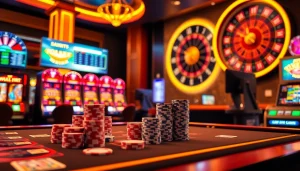 Exciting gameplay at qh88 casino with vibrant slot machines and poker tables.