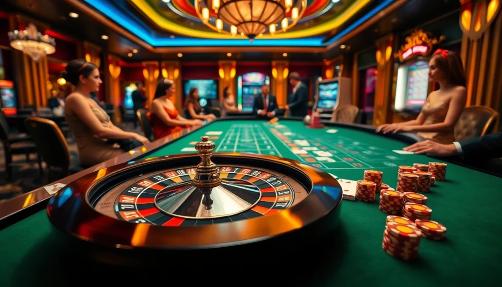 An exhilarating scene of online gambling at https://123b.ing/ featuring a lively roulette table and glamorous patrons.