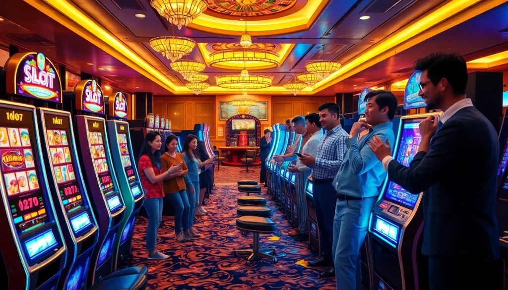 Slot Gacor players enjoying vibrant slot machines in a luxurious casino atmosphere.