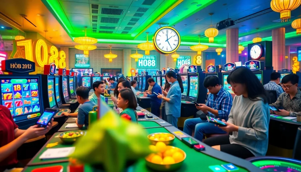 Players engaging with Ho88 gaming platform, showcasing vibrant gambling atmosphere and modern technology.