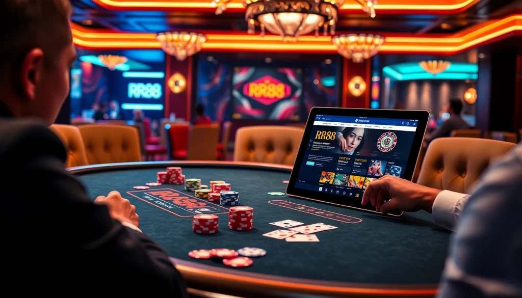 Experience high-stakes poker with RR88 at a luxurious casino table surrounded by vibrant gaming elements.