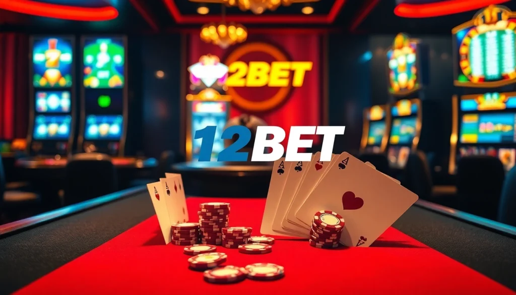 Exciting gambling scene featuring 12BET logo with casino tables and vibrant slot machines.