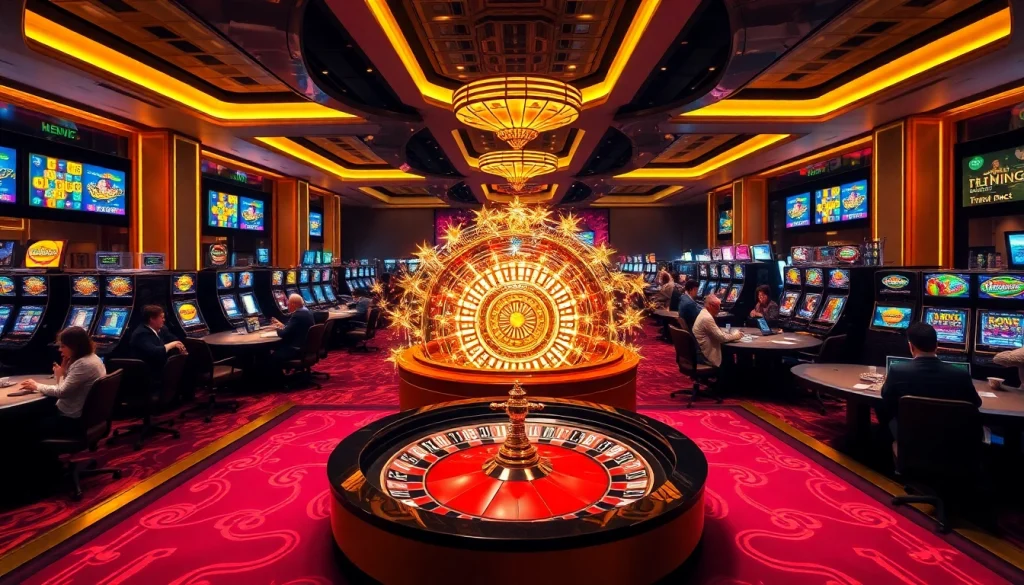 K88 casino players engaging at vibrant poker tables with a striking roulette wheel in view