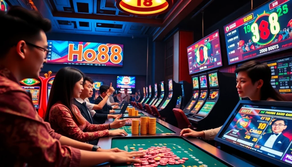 Exciting casino atmosphere featuring Ho88, showcasing players enjoying slots, live dealers, and vibrant gaming.