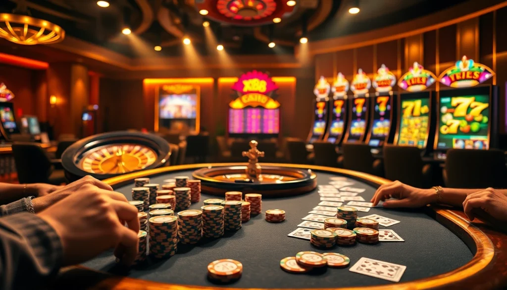 Players engaging at a poker table with vibrant chips and cards at XX88 casino.