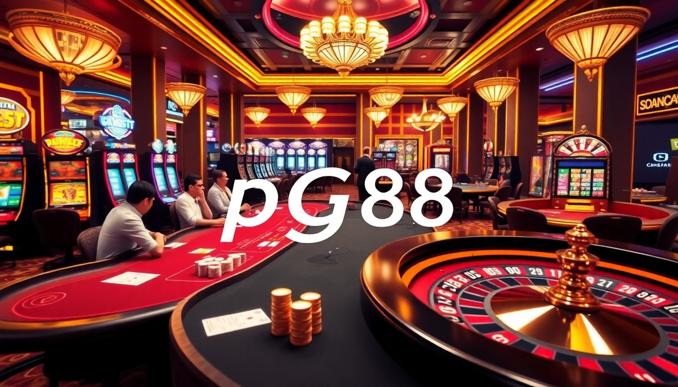 Gamblers enjoying a luxurious gaming experience with pg88 at vibrant casino tables and slot machines.