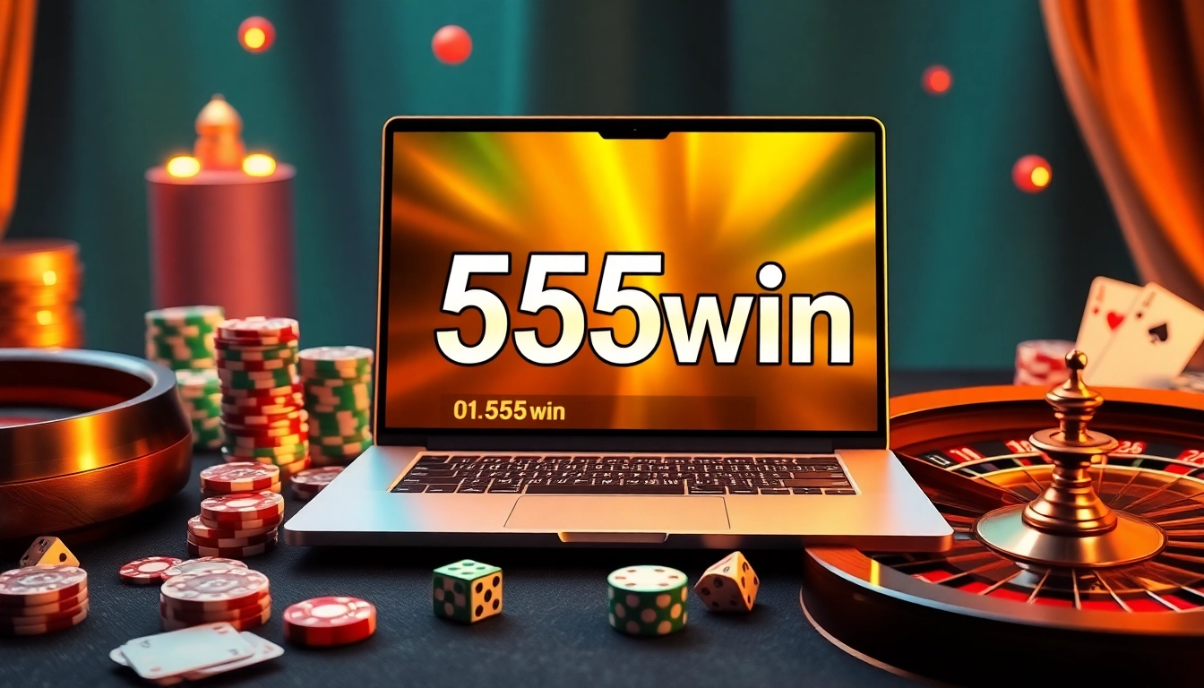 Experience thrilling gameplay with 555win at a luxurious online casino featuring poker chips and roulette.