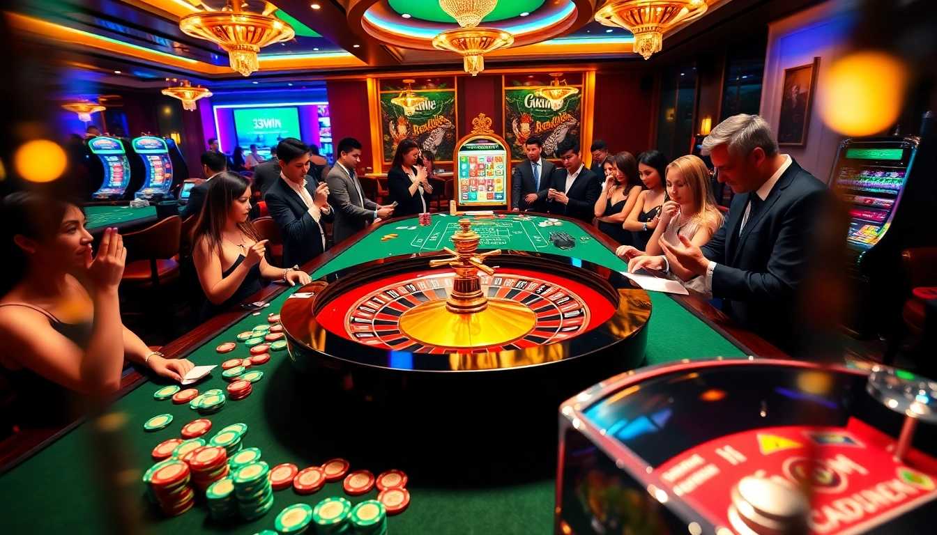 Excited players enjoying table games at 33win casino, showcasing thrilling roulette and poker action.