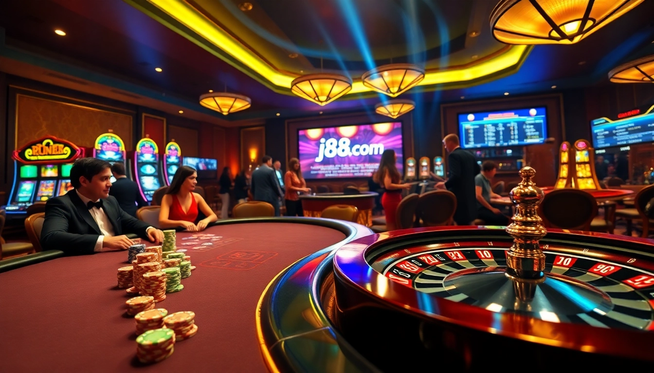Engaging gaming moment featuring j88 com poker players at a high-stakes table with vibrant casino vibes.