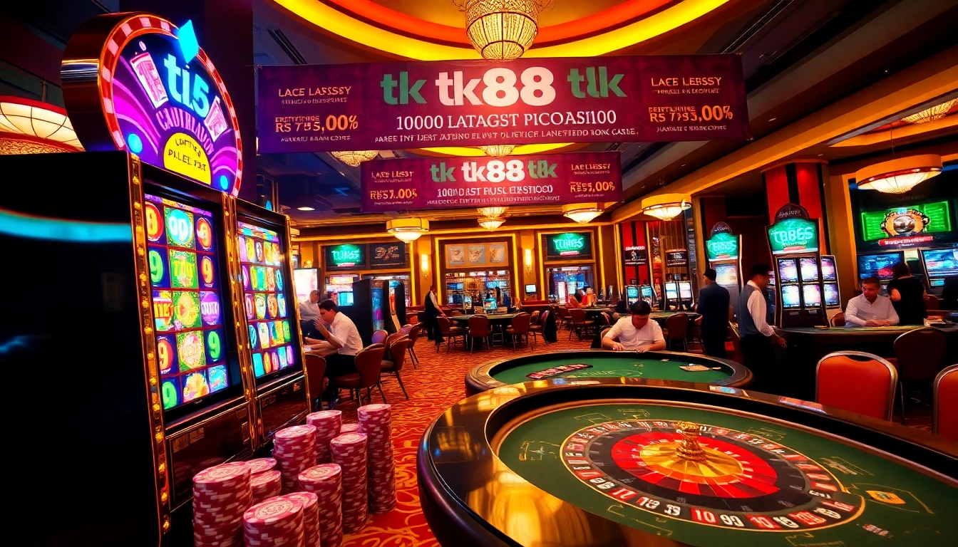Excited players enjoy tk88's slot machines in a vibrant casino atmosphere.