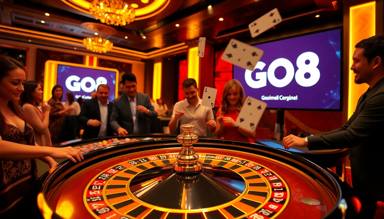 Players engaging at a luxurious GO8 roulette table with vibrant excitement in a casino.