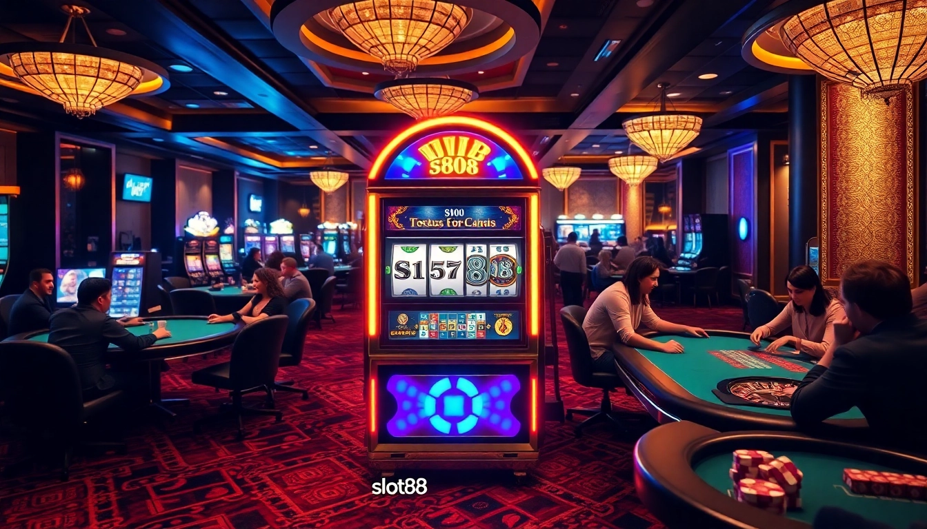 Pemain yang bersemangat berinteraksi dengan mesin slot88 di suasana kasino yang meriah.