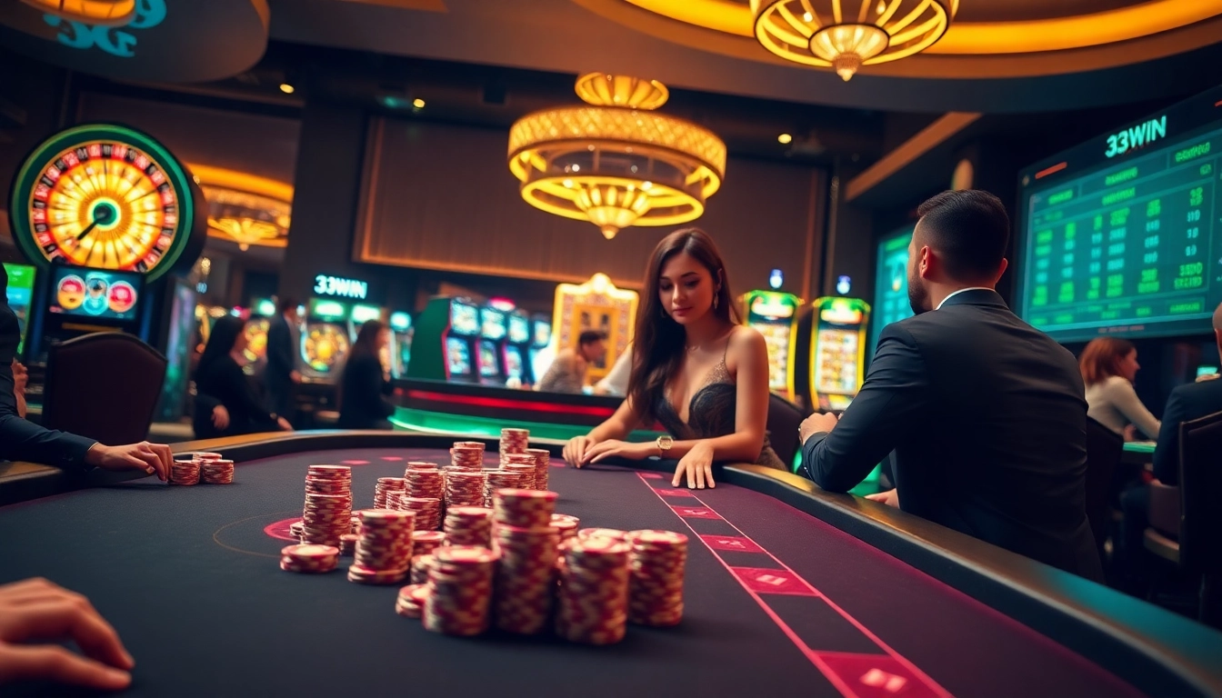 Players strategizing at a luxury casino poker table, highlighting the thrill of 33WIN betting.