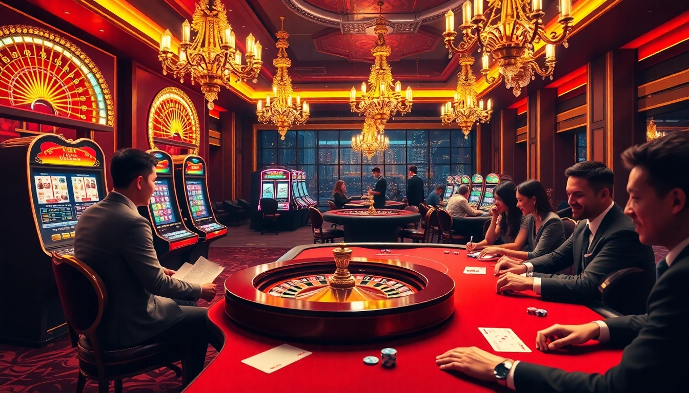 Players enjoying a thrilling game at go88 casino with vibrant slot machines and a roulette wheel.