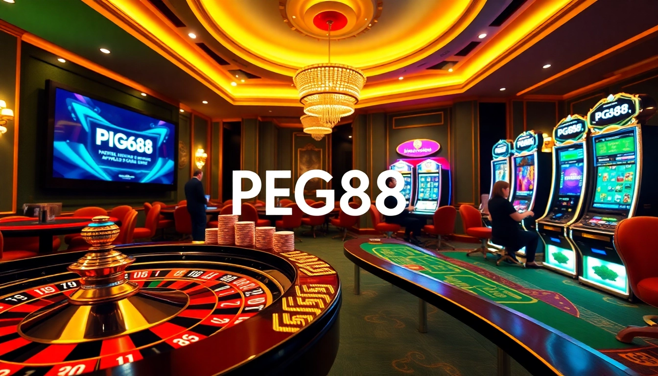 Exciting PG88 online casino scene with roulette wheel, poker chips, and high-tech slot machines.