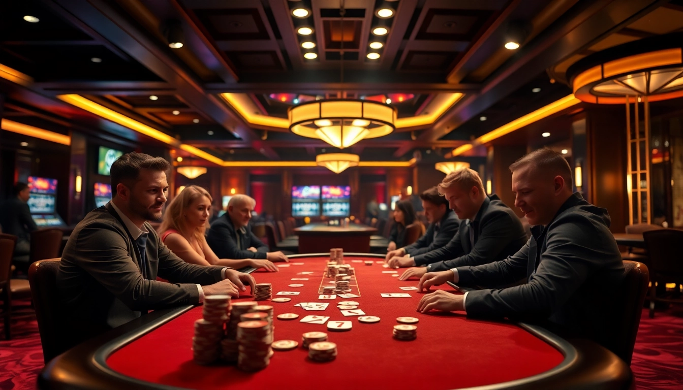 SBOBET88 menunjukkan pemain poker serius di kasino mewah, menciptakan suasana penuh ketegangan.