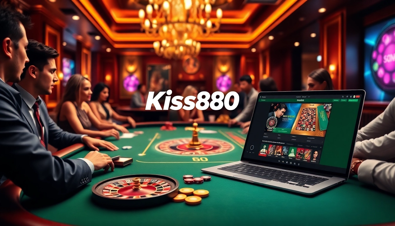 Kiss888 online gaming action with vibrant casino elements including poker chips and roulette wheel.