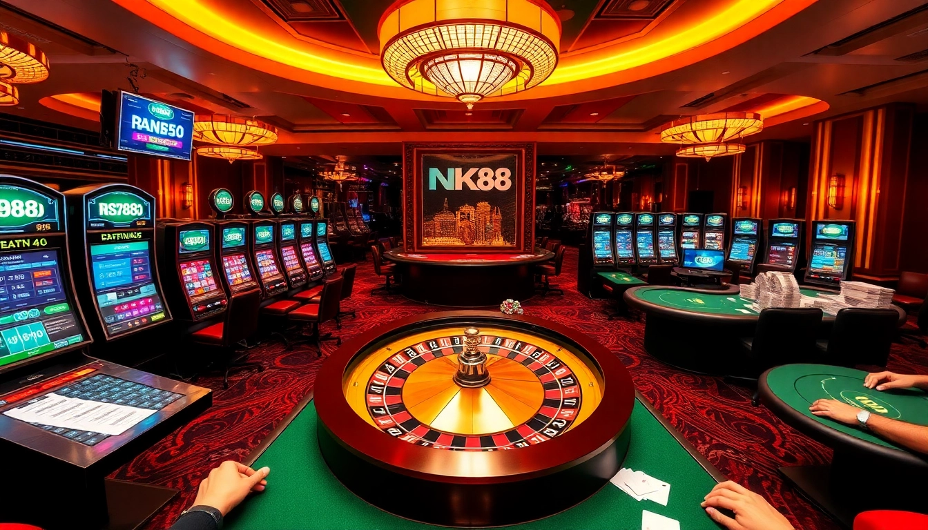 Experience thrilling online gambling with NK88 at this vibrant casino scene showcasing roulette and slots.