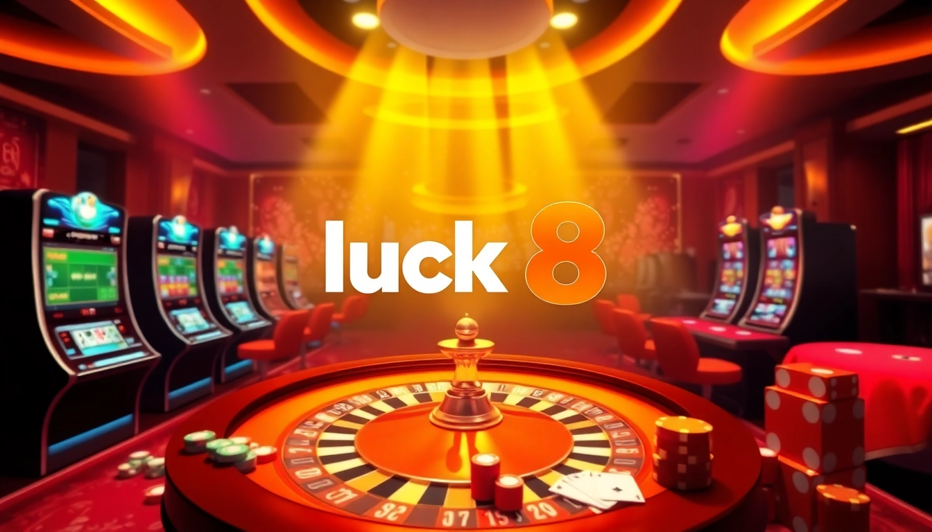 Exciting online gaming experience at luck8 with roulette and colorful slot machines.