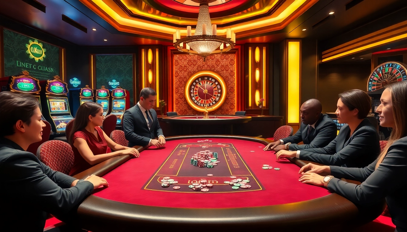 Players enjoying poker at a luxurious casino, featuring OKFUN branding on chips and tables.