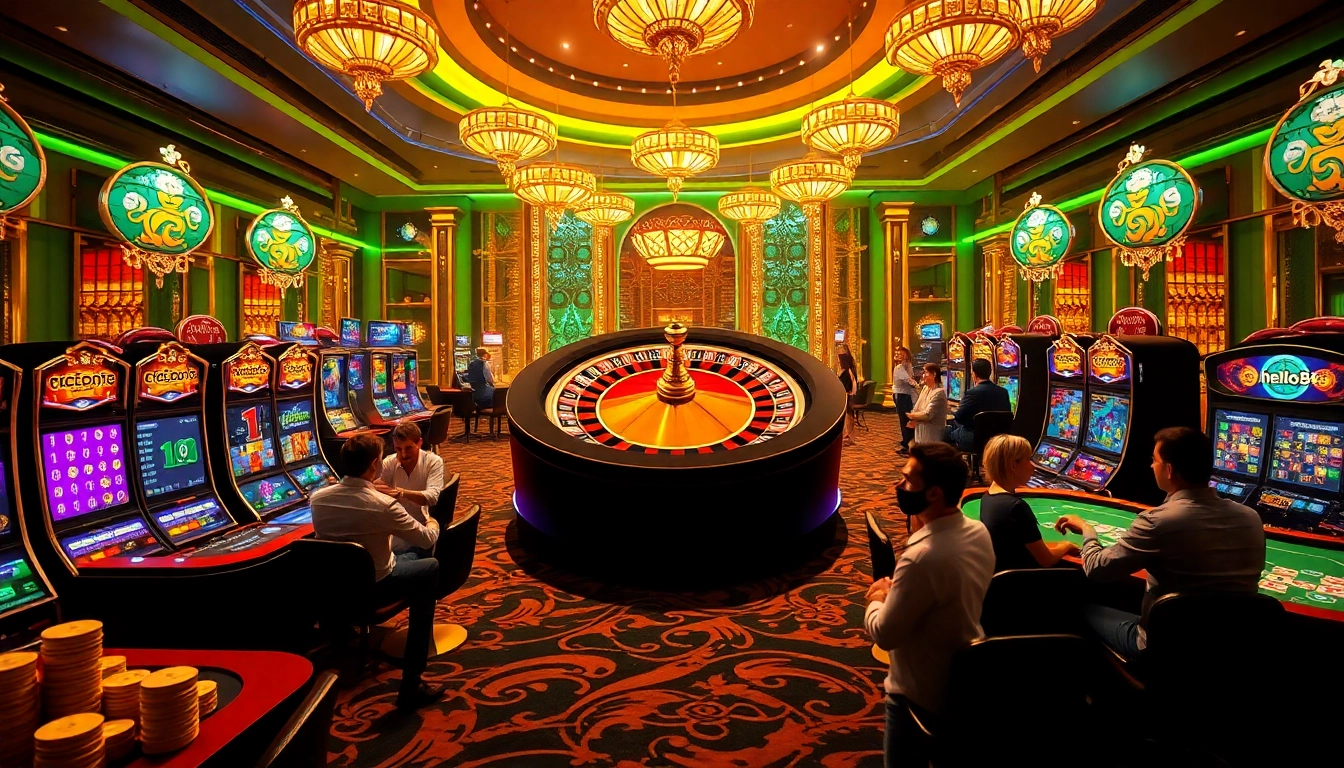 Experience the excitement of gambling at hello88, featuring a lively casino scene with roulette and poker.