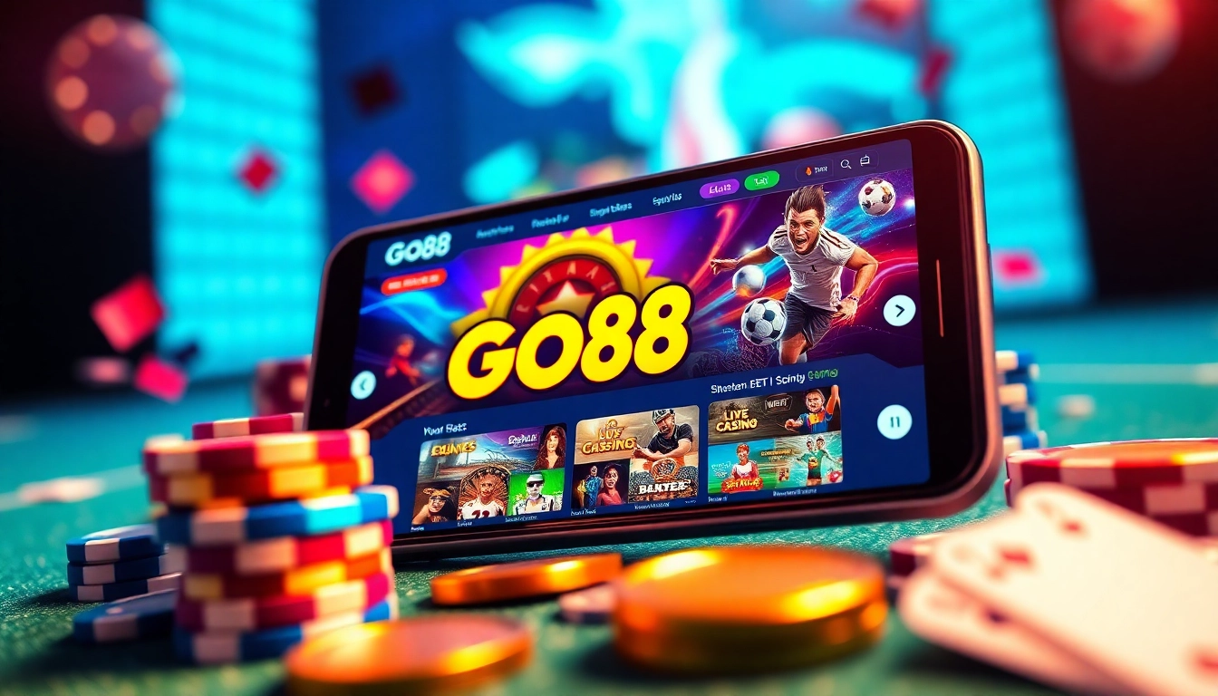 Exciting gaming scene showcasing Go88's diverse online offerings including slots, casino, and sports betting.