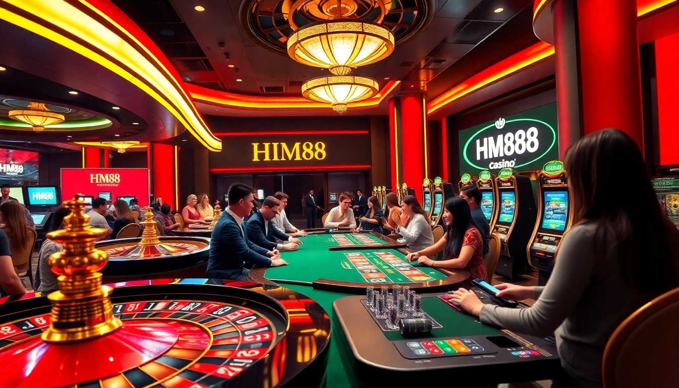 Players enjoying a thrilling casino experience at HM88 with roulette wheels and poker tables.
