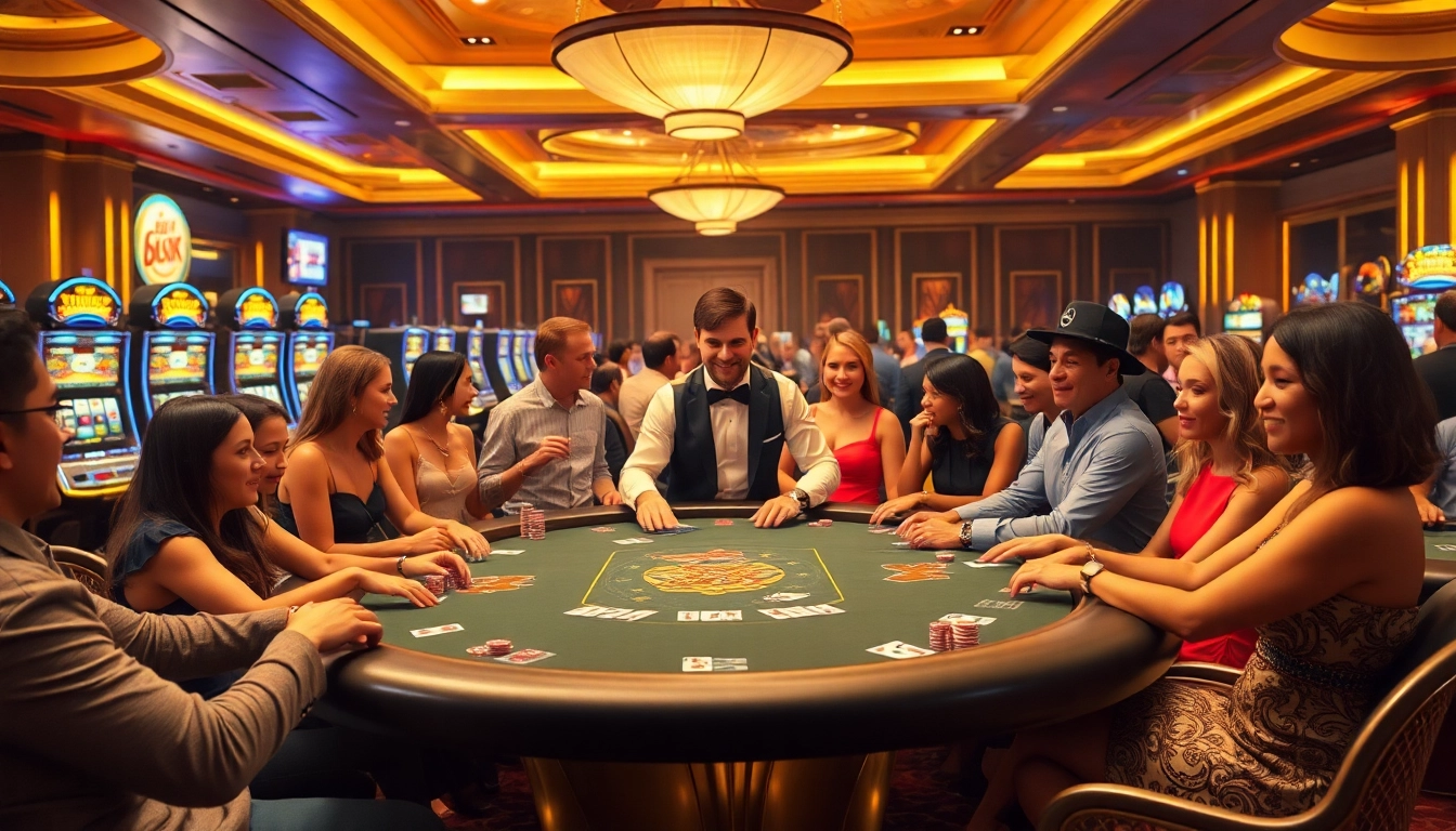 B52 online casino scene with poker table, vibrant players, and celebratory atmosphere.