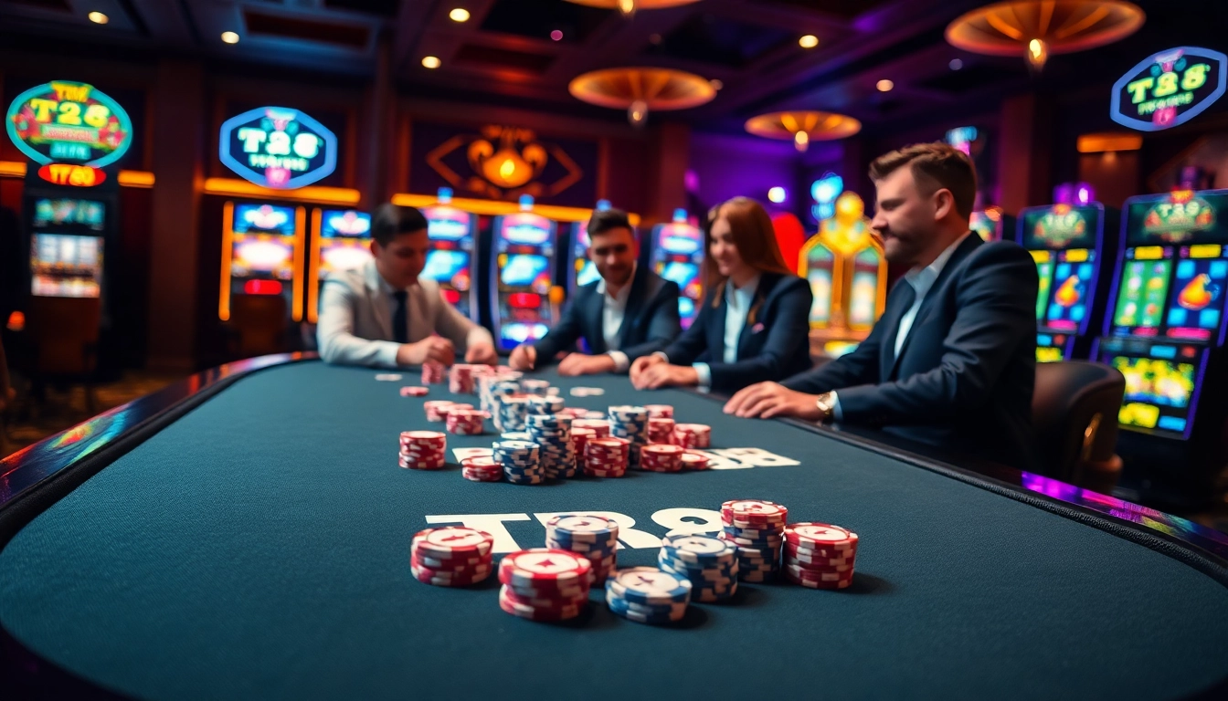 Experience high-stakes poker at the luxurious TR88 gaming table with vibrant chips and cards.