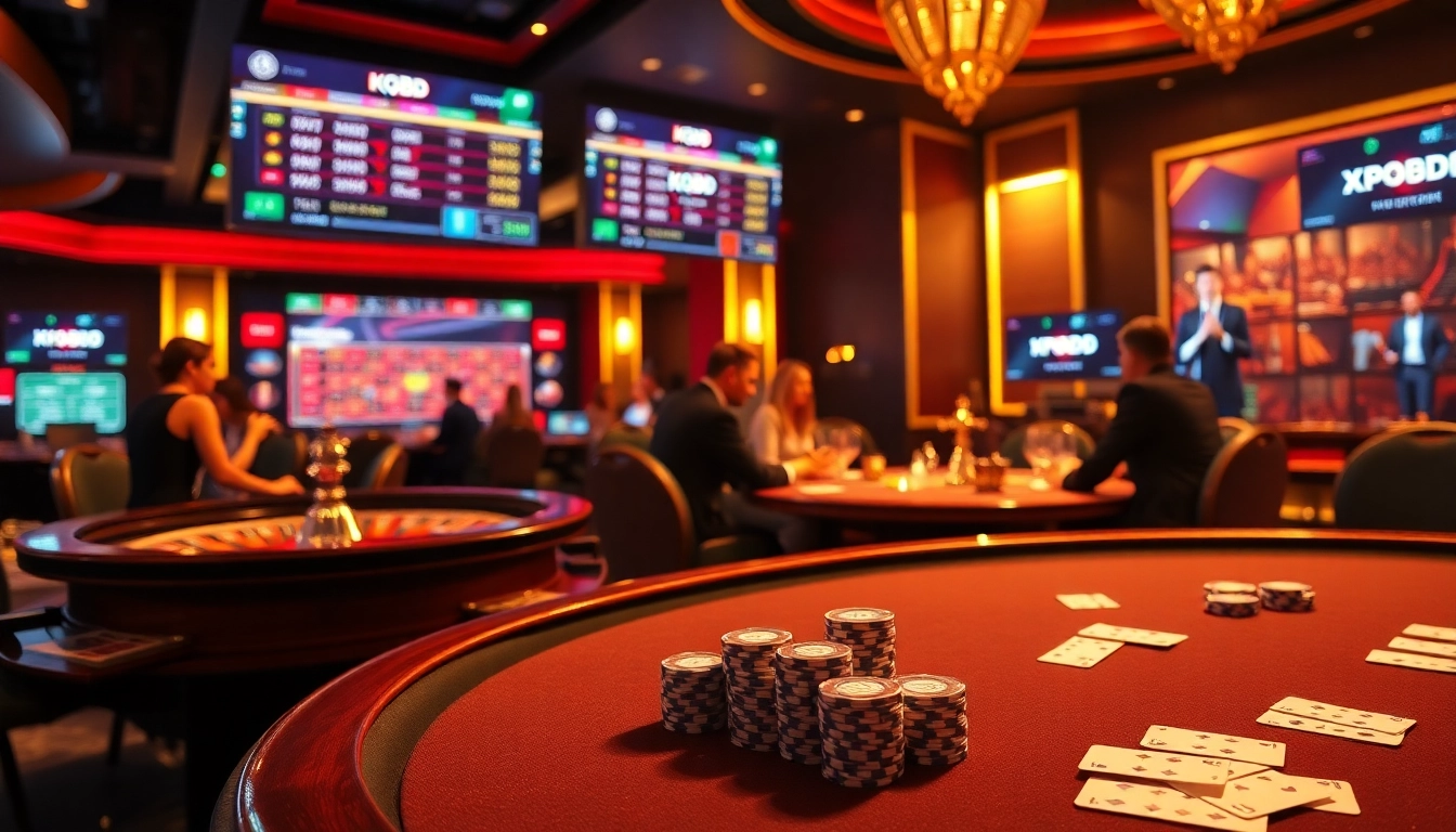 Experience the thrill of kqbd with an elegant casino scene featuring poker tables and roulette wheels.