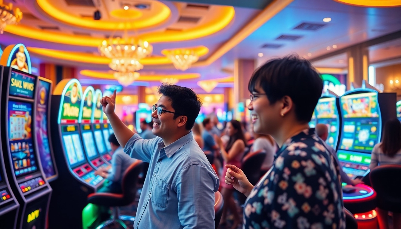 Engaged players enjoying various games at V9bet's modern online casino, showcasing a vibrant gaming atmosphere.