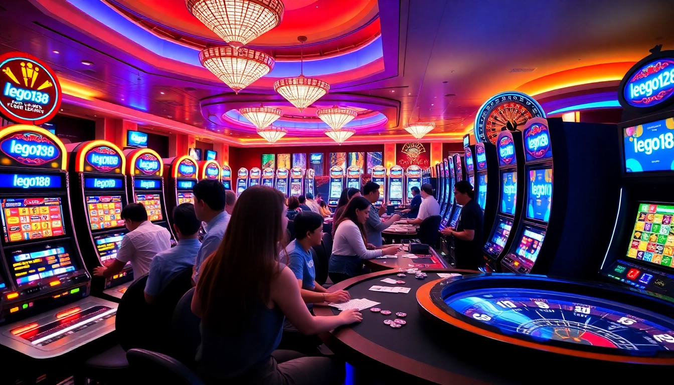Players enjoying slot machines at a casino featuring lego138 games, vibrant lights, and excitement.