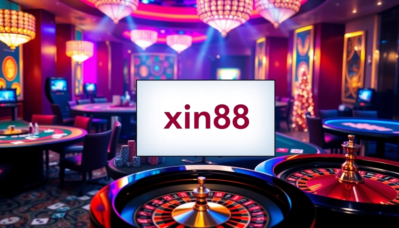 Experience the thrill of xin88 with a vibrant casino atmosphere showcasing gaming tables and excitement.