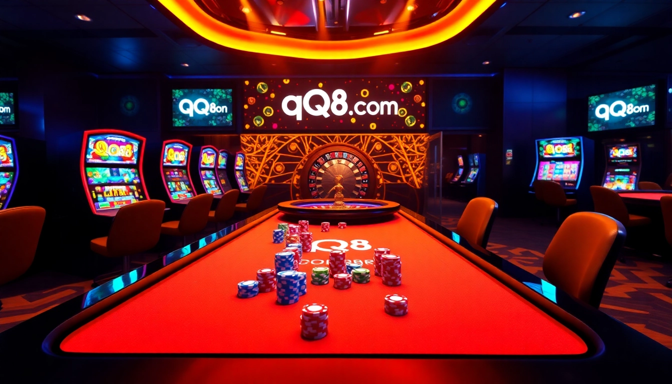 Experience thrilling gaming action at qq88 com with vibrant casino tables and modern elements.