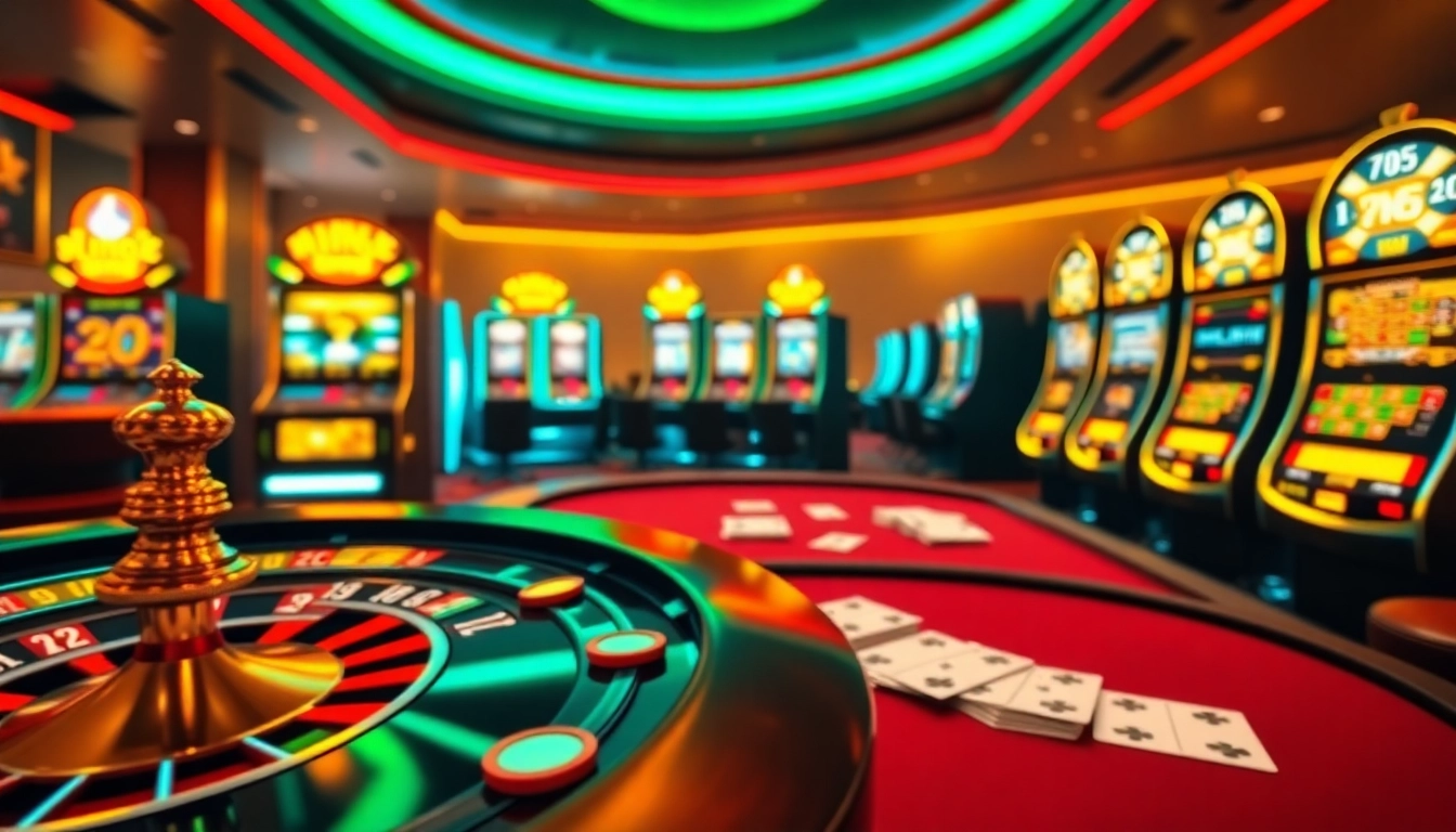 Experience the thrill of mi88 with a dazzling casino scene featuring roulette, poker, and slot machines.