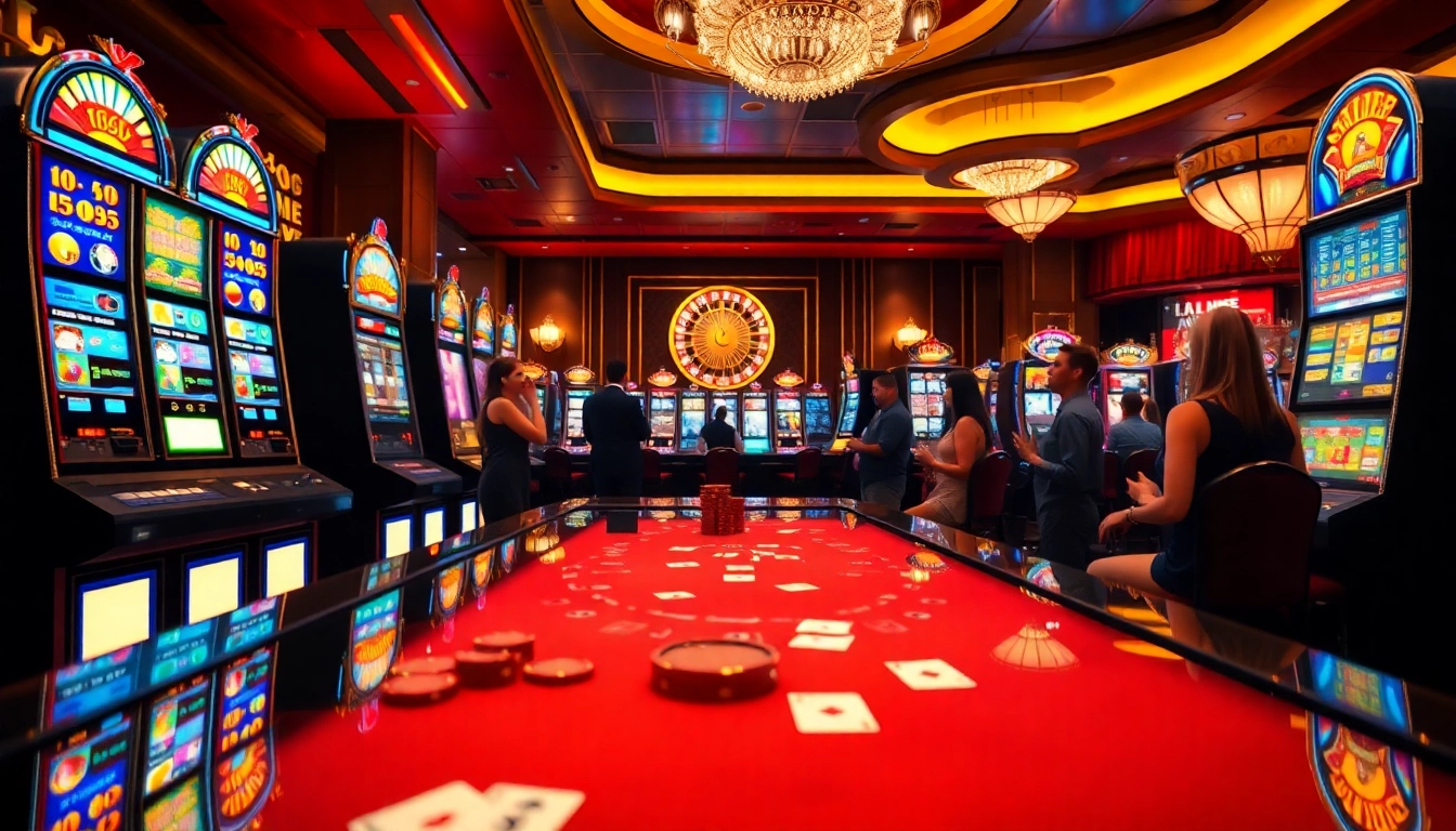 Players excitedly enjoying a thrilling slot game at a vibrant casino.