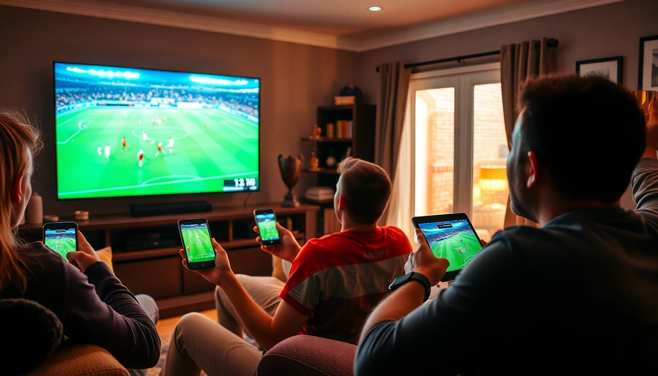 Socolive football fans enjoying a live match streamed on multiple devices in a cozy home.