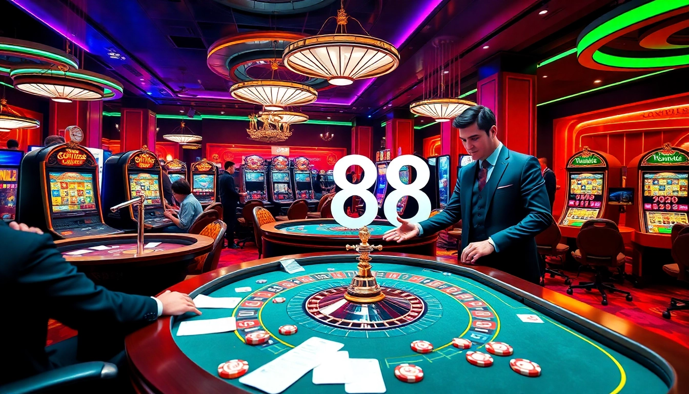 Experience the excitement of ee88 with vibrant casino tables, players enjoying the games, and engaging activities.