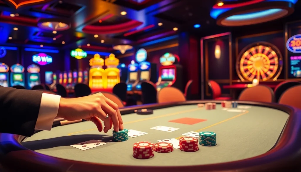 98Win offers thrilling poker action with vibrant chips and cards at a luxurious casino