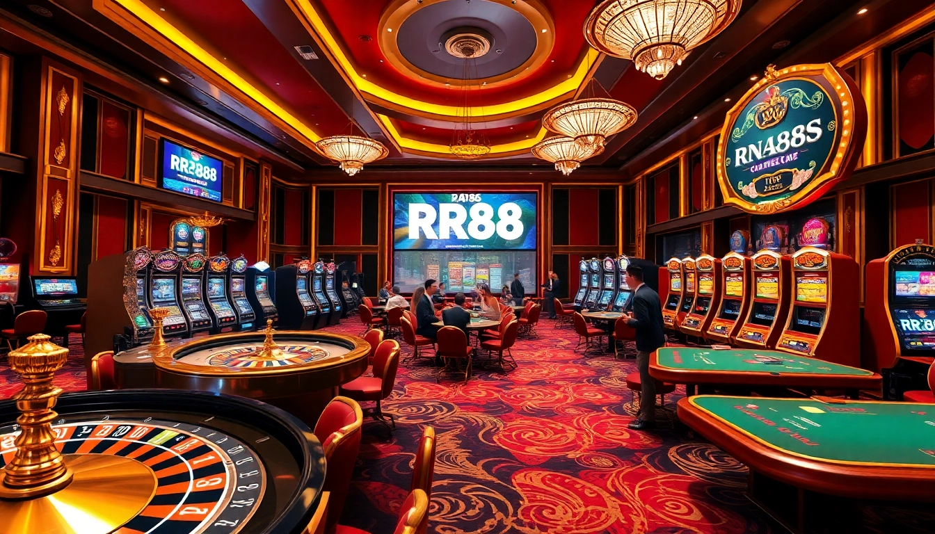 Experience the thrill of RR88 at a luxurious casino featuring poker tables and a roulette wheel.