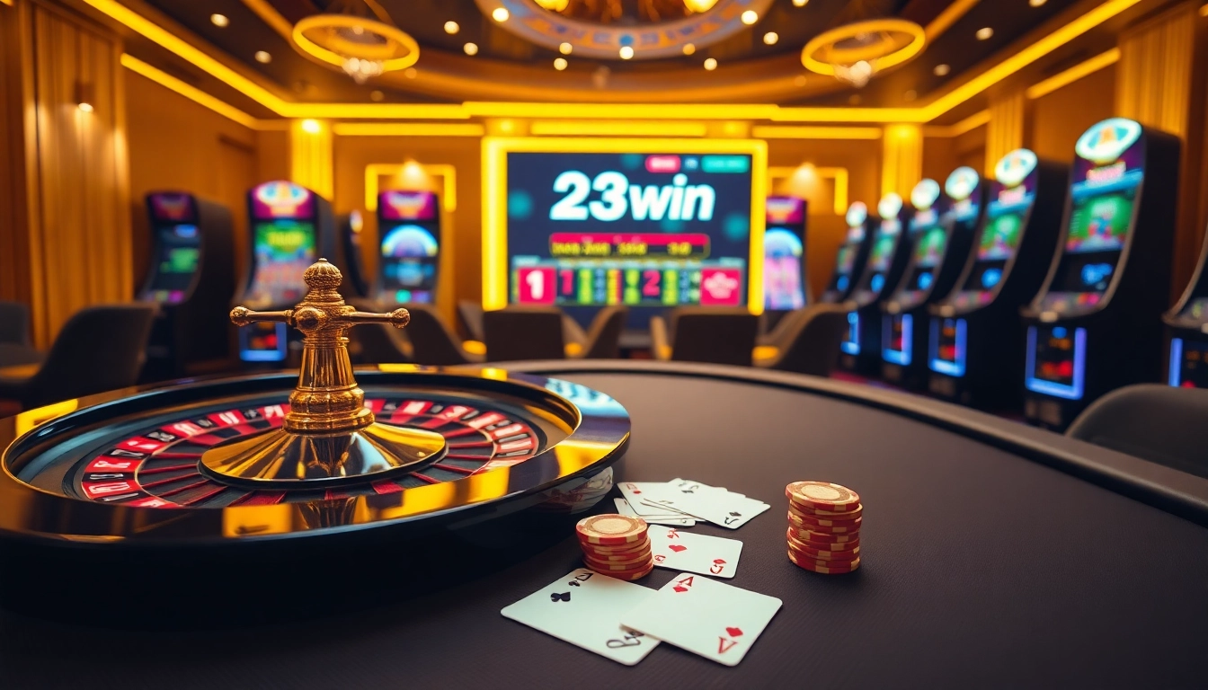 Experience the thrill of 23win with vibrant casino tables, roulette wheels, and online gaming interfaces.