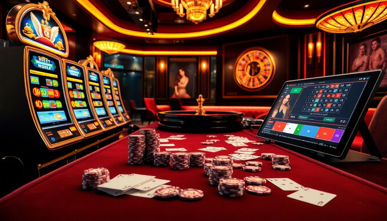 Experience the thrill of game nohu with an elegant casino setup showcasing slot machines and betting slips.