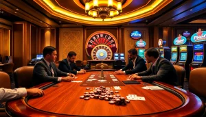 Players enjoying strategic poker action at a luxurious 79king casino table, highlighting excitement and high stakes.