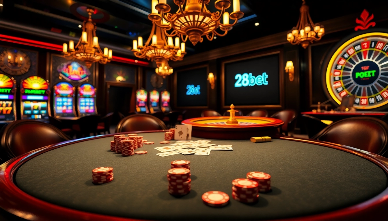 28bet table games in a vibrant casino atmosphere with poker chips and cards.