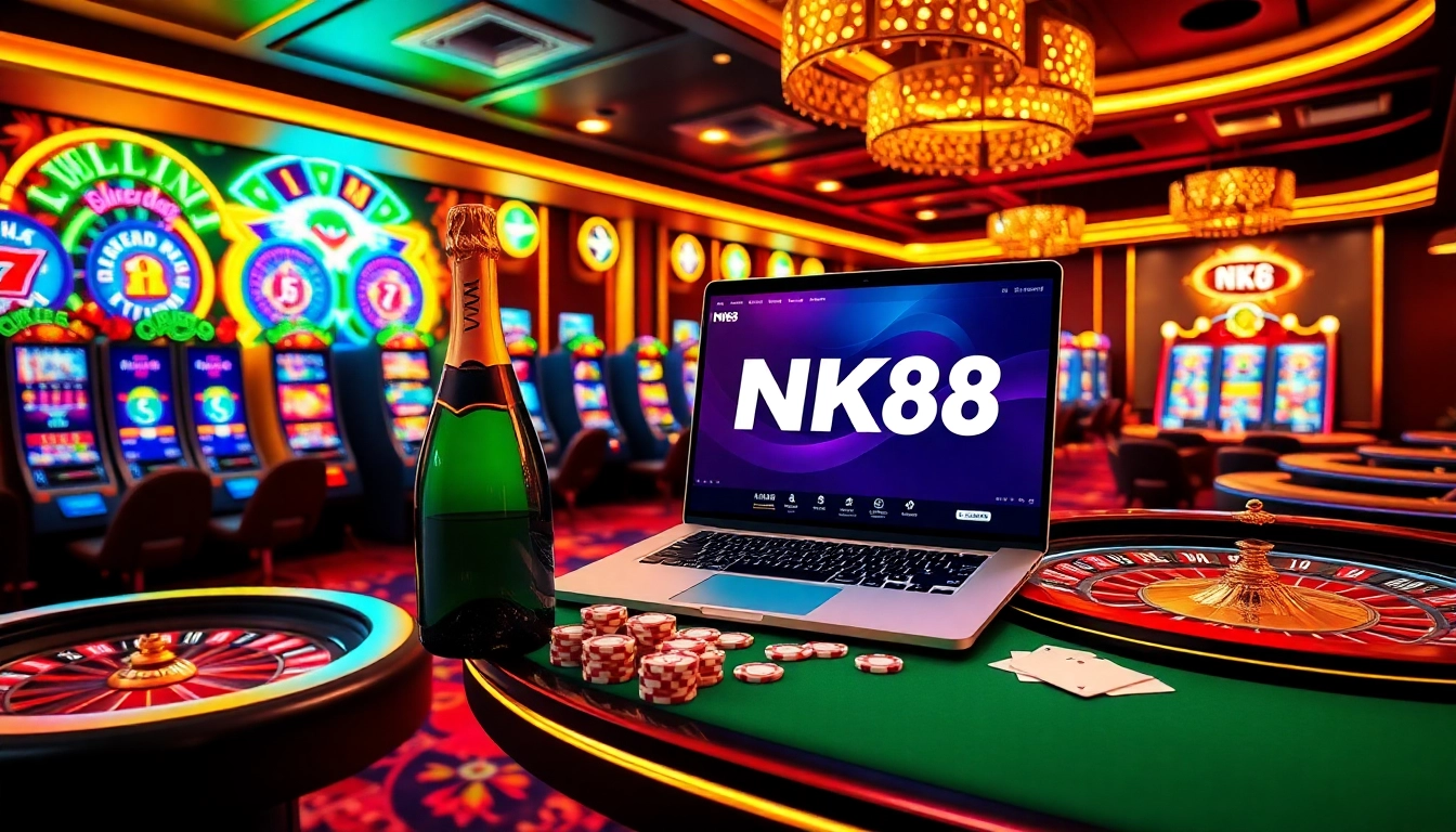 Navigating the excitement of NK88 online casino games with vibrant roulette wheels and poker tables.