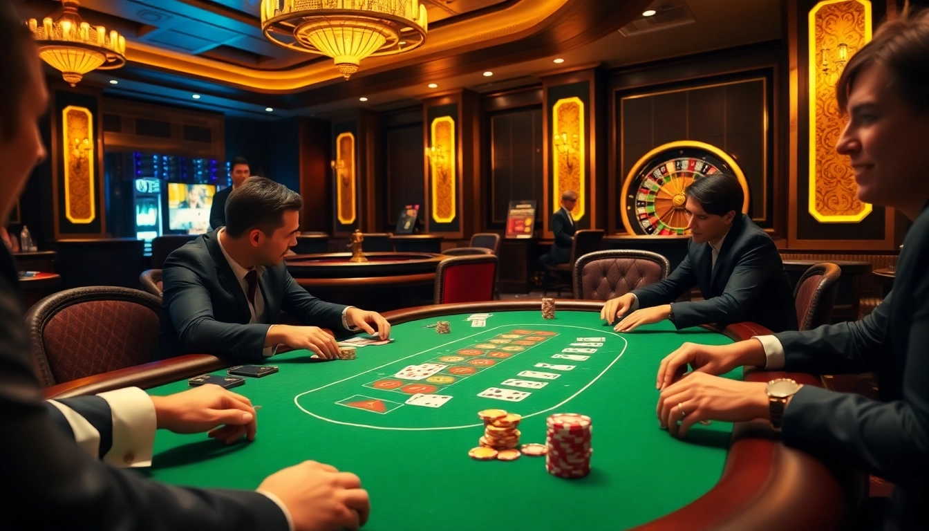 Nohu players celebrating a winning hand at an upscale casino table with vibrant poker chips.