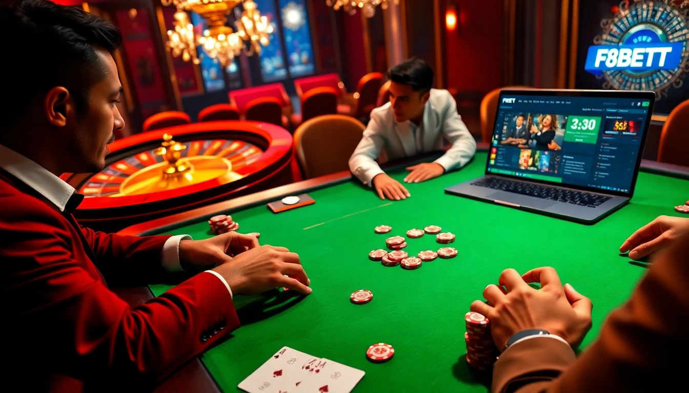 Experience the luxury of F8BET at an upscale casino, featuring poker tables and vibrant action.